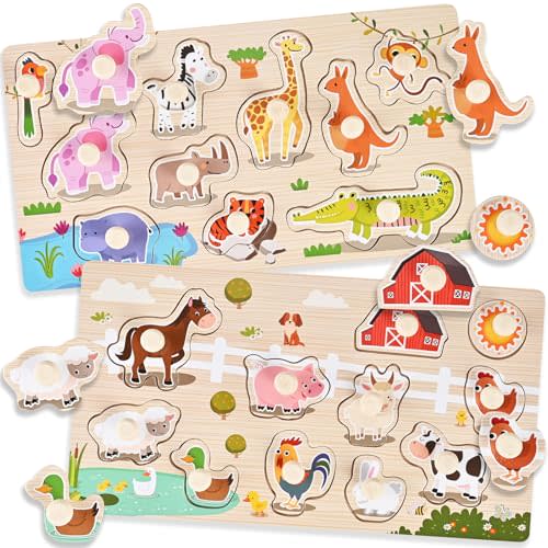 Wooden Peg Puzzles for Toddlers 1-3, 2 Pcs Montessori Puzzles, Zoo & Farm Animal Puzzles, Great Preschool Educational Learning Gifts for Girls and Boys