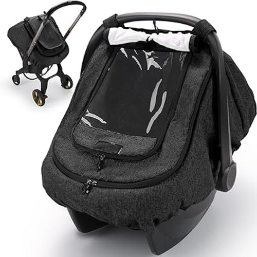 Waterproof Baby Car Seat Cover, Infant Car Seat Cover Canopy Windproof Rainproof for Baby Boys Girls, 2 Layers with Clear and Mesh Window Protect Baby from Rain Snow and Sunlight - Black