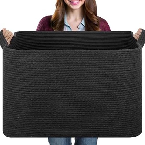 OIASKET 108L Large Laundry Basket for Organizing, 24.8"L x 16.2"W x 16.2"H Blanket Storage Living Room, Cotton Rope Woven Storage Basket for Clothes, Pillows, Nursery Bins (Black)