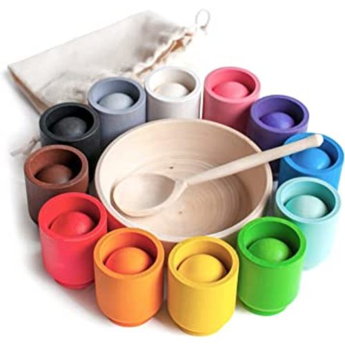 Ulanik Balls in Cups Montessori Toy Wooden Sorter Game 12 Balls 30 mm Age 1+ Color Sorting and Counting Preschool Learning Education, Multi