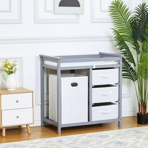 Baby Changing Table, Wooden Diaper Changing Table, Infant Diaper Changing Station Dresser with Laundry Hamper, 3 Drawer Basket and Changing Pad ,Grey