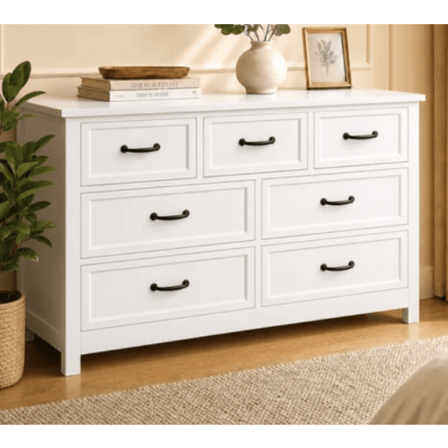Aiho 7 Drawer Dresser, 47 Inch Wide Wooden Chest of Drawers Storage Cabinet with Anti-Tip Kit for Bedroom Living Room, White