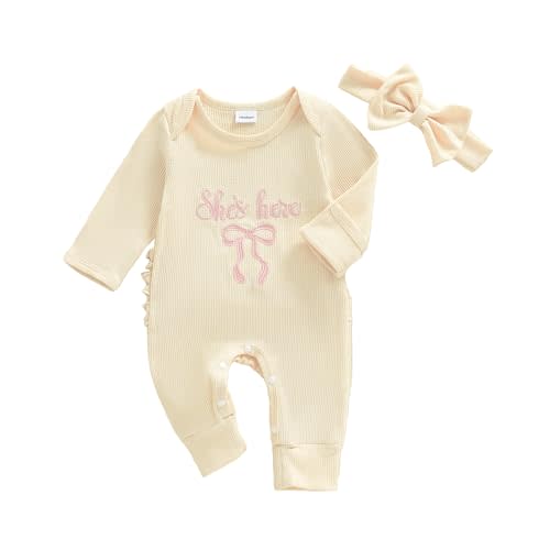 Baby Girl Floral Embroidery Romper with Headband Infant Newborn Clothes | Ribbed Knitted Bodysuit She is Here Home Coming Outfit for Newborn Infant with Mitten Cuff Headband 0-3Months