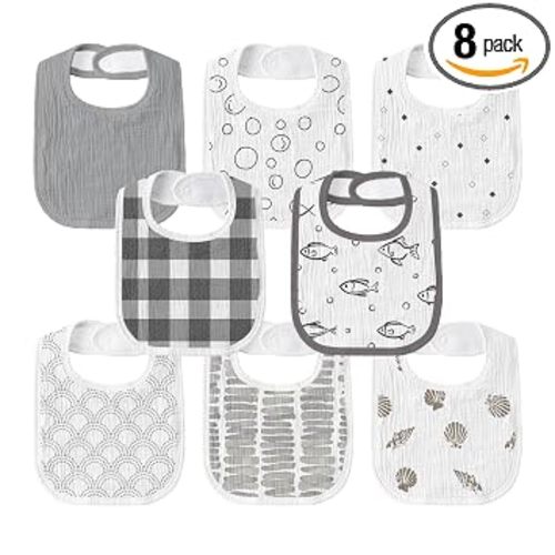 GLLQUEN BABY Muslin Drool Bibs for Boys Girls 8 Pack, Adjustable Baby Bibs for Drooling and Teething, Soft Cotton Baby Bandana Bib for Newborn Feeding Essentials (Fish)