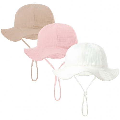 TELOLY 3 Pack Baby Sun Hat with UPF 50+ Sun Protection,Wide Brim Muslin Fisherman Sunhat for Infants 3-12 Months,Windproof Sun Hat with Adjustable Chin Strap for Boys and Girls Beach Park