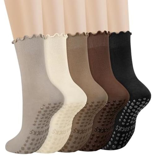 5 Pairs Pilates Yoga Socks with Grips for Women, Cute Cotton Ruffle Frilly Cuff Non Slip Grippy Athletic Crew Socks