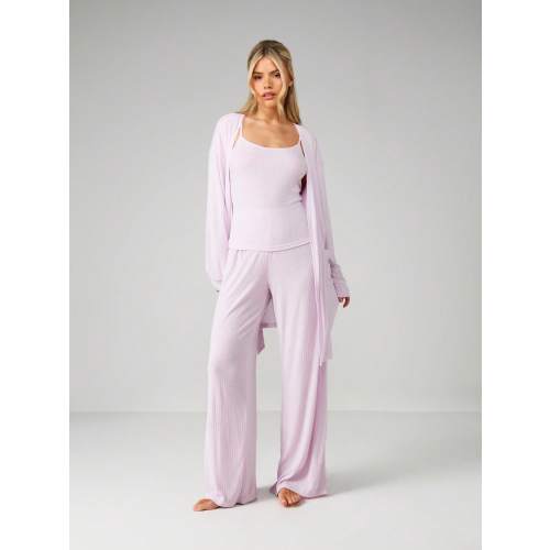 MISSGUIDED Ribbed Pointelle Tank Top With Wide Leg Pants And Cardigan Set