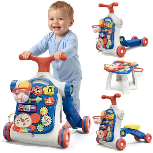 HYES 5 in 1 Baby Push Walker for Baby Boy, Blue | Activity Center Learning to Walk, Sit to Stand, Early Learning Push Toys for Infant, Walking Toys Gift for Toddler Boys