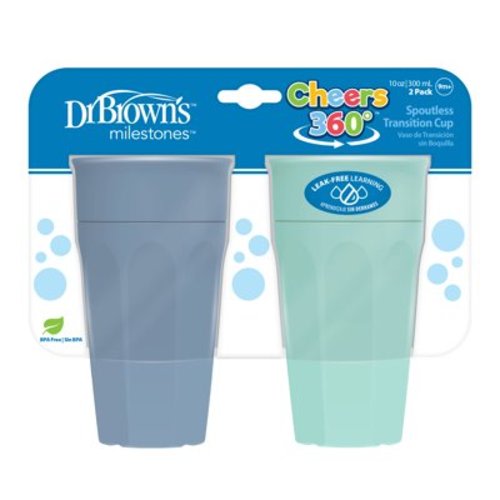 Dr. Brown's Milestones Cheers 360 Training Cup for Toddlers & Babies, Leak-Free Sippy Cup, Blue & Aqua, 10 oz/300 mL, 9m+, 2 Pack (Colors May Vary)
