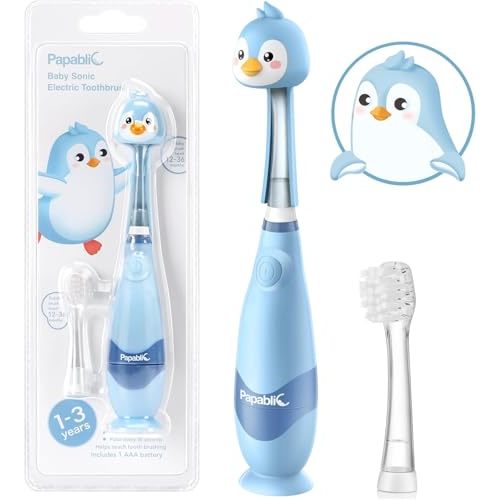 Papablic Toddler Sonic Electric Kids Toothbrush for Ages 1-3 Years, Baby Electric Toothbrush with Cute Penguin Cover and Smart LED Timer, 2 Brush Heads (Pippin)
