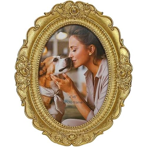 Vintage Gold Picture Frame 4x6 inch Oval Antique Photo Frame with Clear Glass Front Tabletop Wall Hanging Photo Display Home Decor Mother's Day Gift Ideas (Gold Rose, 4x6)