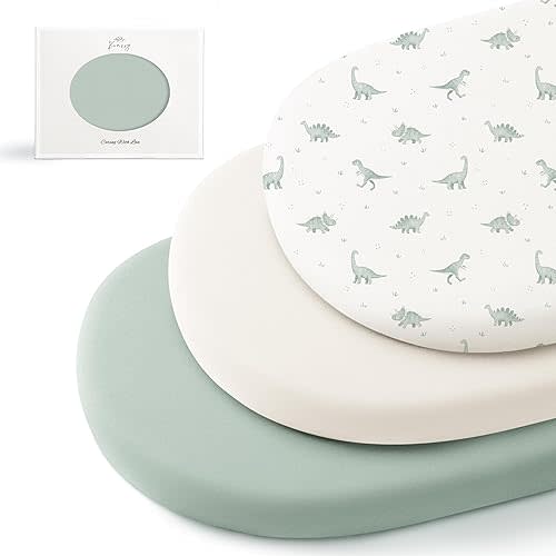 Konssy 3 Pack Stretchy Bassinet Sheets for Baby Girl Boy, Soft Breathable Baby Bassinet Mattress Sheets Fit for Hourglass Oval Cradle, Moses Basket Rectangle Mattress (Green Dino)