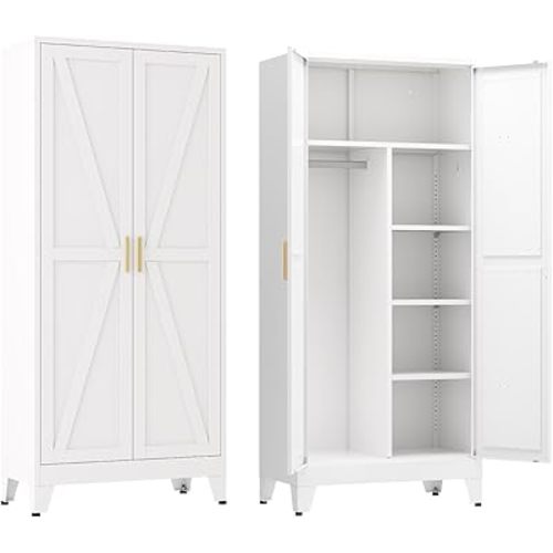 XIUSVON Metal armoire Wardrobe Closet with Hanging Rod,71'' Metal Wardrobe Cabinet with 2 Doors and 4 Adjustable Shelves, Bedroom armoires,Laundry Room cabinets,armario de ropa Closet(Modern, White)