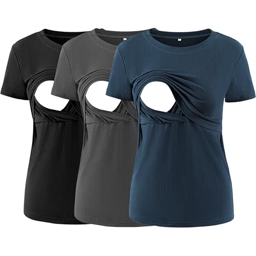 Liu & Qu Women's Maternity Nursing Tops Rib Short Sleeve Breastfeeding Shirts Maternity Clothes 3-Pack