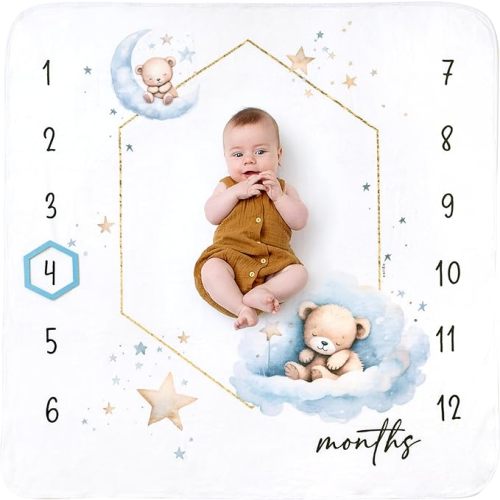 Baby Monthly Milestone Blanket for Boys- Soft Thick Fleece 46"x46" - Perfect Photo Growth Chart for First 12 Months - Extra Cozy for Pictures, Creating Monthly Memories - Sleepy Bear Design