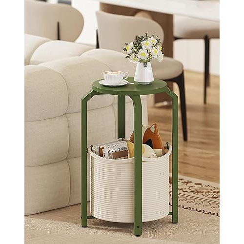 TUTOTAK Small Side Table, Round End Table, Night Stand, Bedside Table, Sofa Table with Storage Basket, Living Room, Bed Room, Olive Green TB01BOG092
