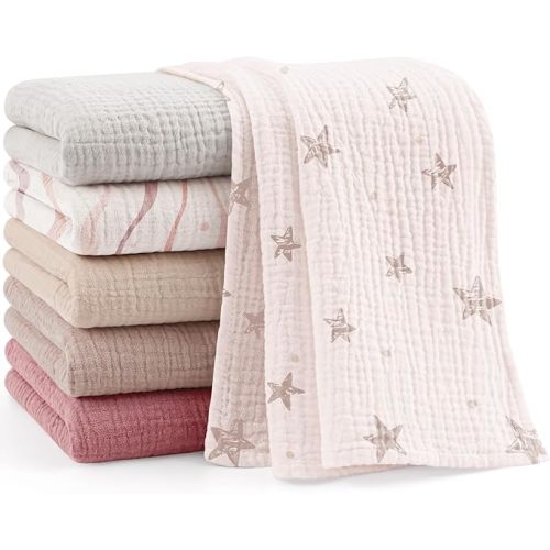 Bearmoss 100% Cotton Muslin Burp Cloths Sets 6 Pack Large Burping Clothes Extra Soft Absorbent 60x60cm for Newborn Unisex Baby Girls and Boys(Pink Print)