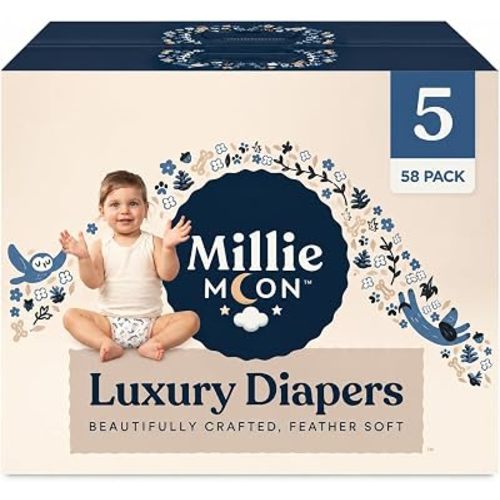 Millie Disposable Baby Diapers, Size 5, 58 Count, Absorbent Core, Wetness Indicator, Flexible Waistband, Secure Fit for Everyday Baby Care