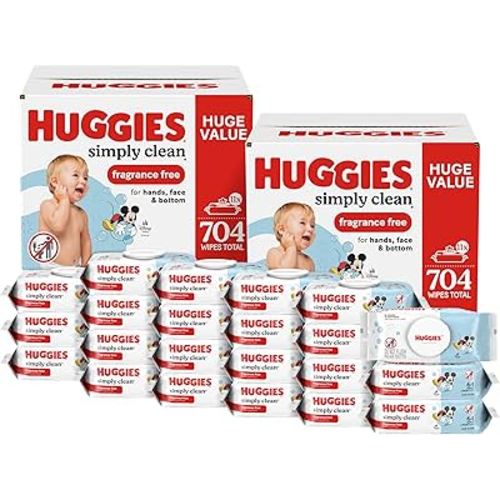 Huggies Simply Clean Unscented Baby Diaper Wipes, Flip-Top Packs (704 Wipes Total), Packaging May Vary (Pack of 22)