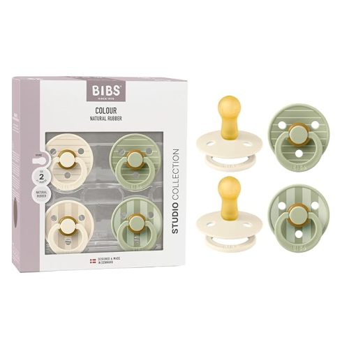 BIBS Studio Pacifier 4-Pack, BPA Free Pacifiers, Round Nipple. Natural Rubber Latex, Made in Denmark, Size 1 (0-6 Months), Ivory/Sage