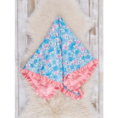 Blue Sleepy Garden Ruffle Minky Blanket