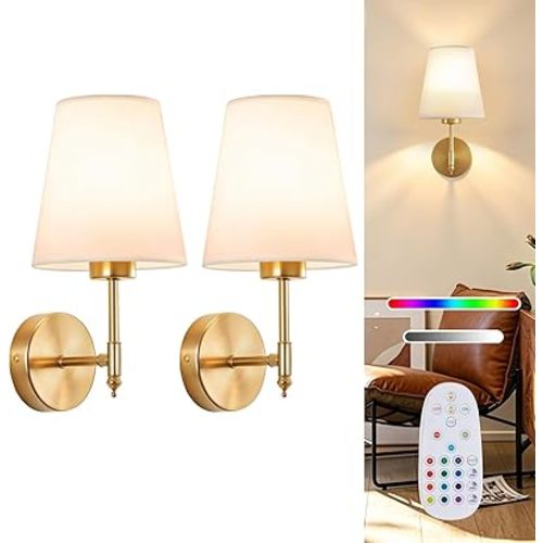 Battery Operated Wall Sconce Set of 2, Rechargeable Wall Lights with 5200mAh Dimmable Bulbs and Remote,15 RGB Colors Wireless Wall Lamps with Fabric for Bedroom Living Room Hallway Decor (Gold)