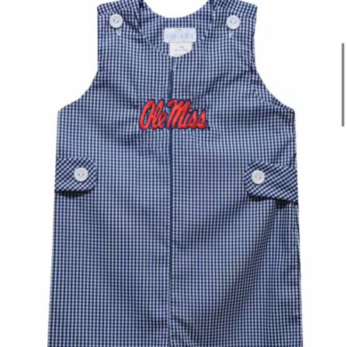 Vive La Fete Ole Miss Rebels Baby NAVY Gingham Overalls - 41008098