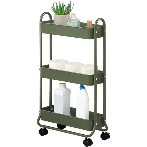 SunnyPoint Slim Rolling Storage Cart, 3 Tier Bathroom Storage Organizer Bathroom, Laundry Utility Cart (Army)