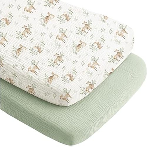 Konssy 2 Pack Muslin Bassinet Sheets for Baby Boy, 100% Cotton Soft Bedside Sleeper Bassinet Sheets, Compatible with Baby Delight, Dream On Me, AMKE and Other Rectangle Mattress (Woodland,Sage)