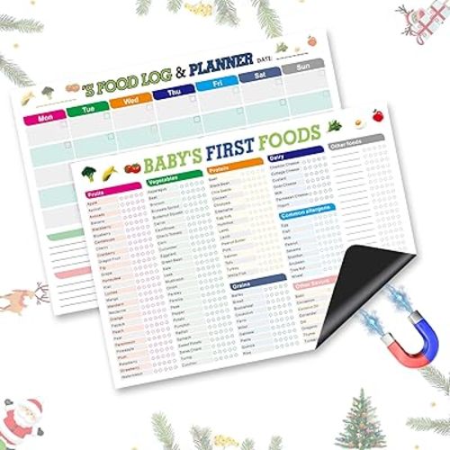 Baby’s First Foods Tracker Magnets Set of 2, 101 Foods Before 1 Checklist, Reusable Dry Erase Meal Planner & Daily Food Log for Fridge, Nutrition Poster for New Parents (10x14in)