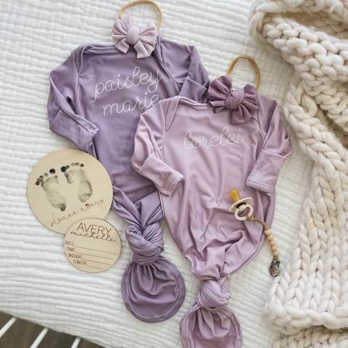 Personalized Stitched Newborn Baby Knot Gown | Lavender Dreams