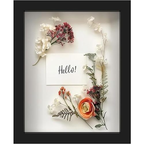 FrameWorks 8” x 10” Black Wooden Shadow Box Frame – Display Case with Soft Felt Back, Memory Box with Tempered Glass, Display Box with Elegant White Ball Push Pins, Wooden Flower Box