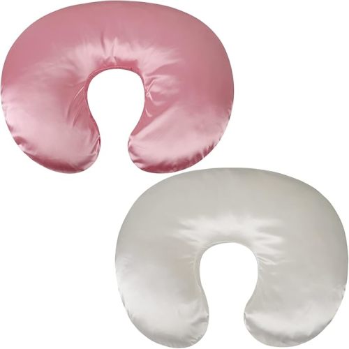 Satin Nursing Pillow Cover Set 2 Pack Ultra Soft Silk Compatible with Boppy Pillow for Breastfeeding Pillow Protect for Baby Hair and Skin White & Pink