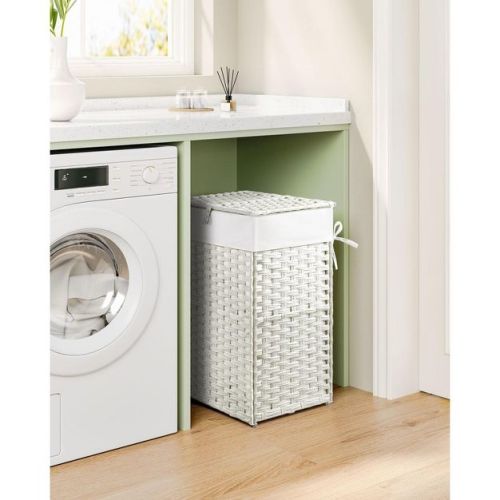 Greenstell Laundry Basket with Lid, Two Removable Inner Lining Bags, Two-compartment Garment Storage Basket, White