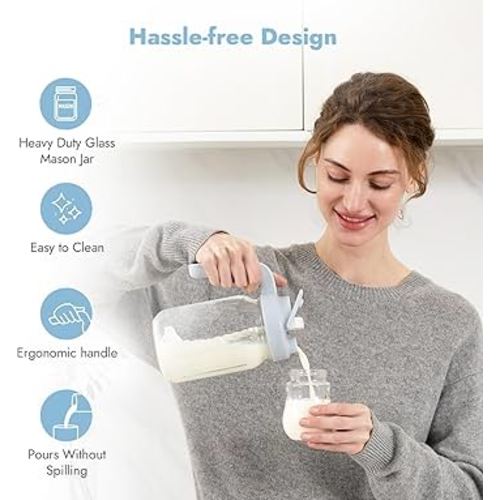 Papablic Glass Breastmilk Pitcher, Fast Baby Formula Maker with Mixing Handle Lid, Wide Mouth Mason Jar Breast Milk Storage Container with Flip-Lock Spout, BPA-Free, Blue.