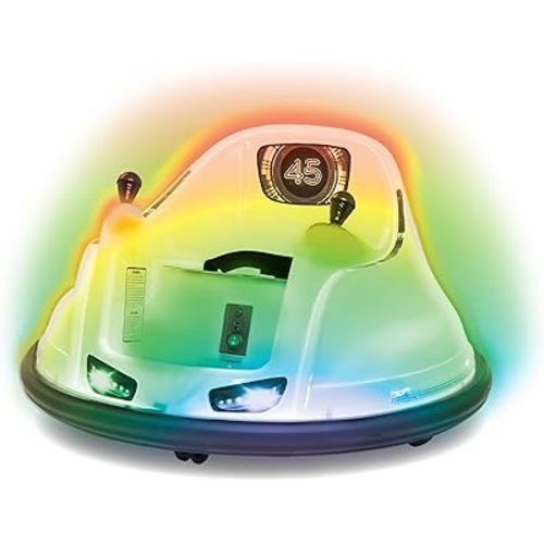 Flybar 6V White Glow Bumper Car for Kids – LED Ride-On Toy with 360° Spin, Rechargeable Battery, and Soft Rubber Bumpers – Safe Indoor Fun for Toddlers Ages 1.5+, Up to 66 lbs