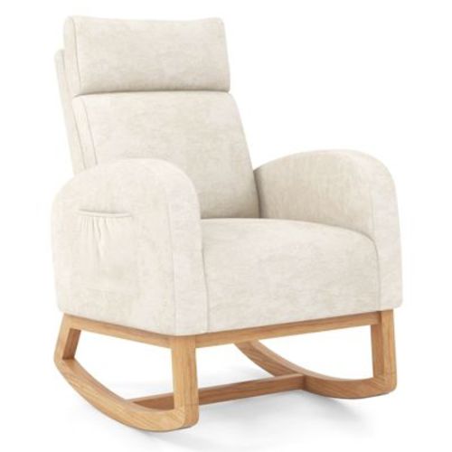 Tangkula Nursery Rocking Chair Upholstered Chenille Rocker Armchair w/ Side Pocket
