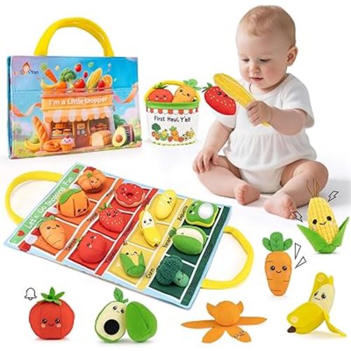 Montessori Baby Toys for 6-12-18 Months - My First Shopping Trip Baby Sensory Toys with Color Sorting Play Food, Crinkle & Rattle, Fine Motor Learning Toddler Toys for 1-2 Year Old Boy Girl Gifts