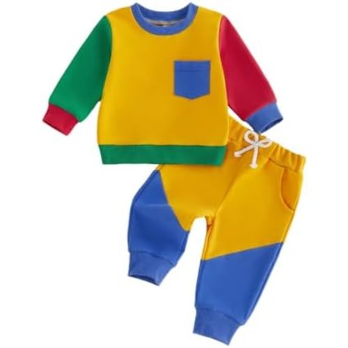 Kupretty Toddler Baby Boy Clothes Color Block Sweatshirt Pants Set