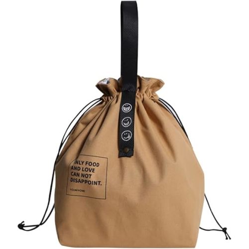 Canvas Drawstring Lunch Bag Insulated Lunch Tote Japanese Style Bento Tote Bag Reusable Lunch Bag Insulated Handbag Tote bag with Handle and Drawstring Closure for Women Work Picnic or Travel(YELLOW)