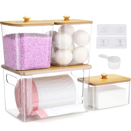 ALOCEO 4 Pcs Extra Large Trash Bag Dispenser & Laundry Containers, Wall Mounted Clear Laundry Pods Container Dryer Sheet Holder with Lids for Laundry Room Organization and Storage