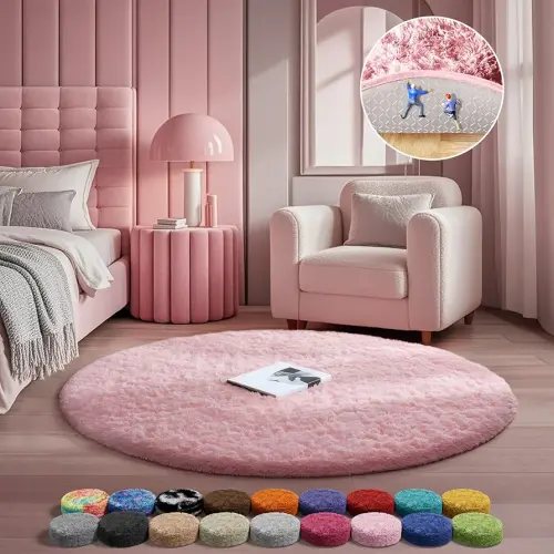 Ophanie Pink Round Rug for Bedroom Girls, Kids Fluffy Kawaii Fuzzy Furry Shag Area Rug, Cute Plush Soft Shaggy Bedside Circular Rugs 4Ft, Carpet for Teen Nursery Dorm Home Room Decor Aesthetic