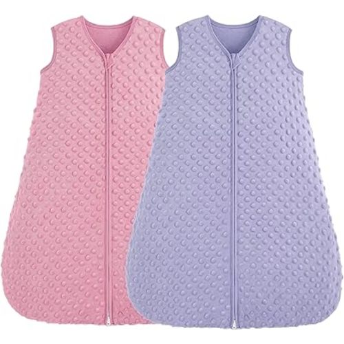 Fleece Baby Sleep Sack 0-6 Months, 1.5 TOG Cotton Baby Wearable Blanket With Soft Plush Dots, 2 Pack Newborn and Infant Warm Sleeping Sack with 2-Way Zipper Pink&Purple