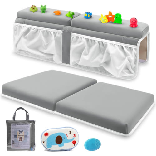Bath Kneeler and Elbow Rest Pad Set for Baby Bathtub, Thick Non-Slip Bathing Kneeling Mat Cushion Quick Drying Bathtub Knee Saver with Arm Support and Pockets for Bathroom Bathing time Comfort, Gray