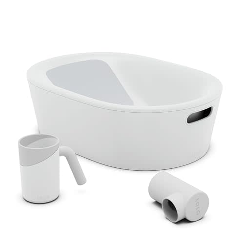 Lalo Bathtime Starter Kit - 3-Piece Set Includes Modern Baby Bathtub, Rinse Cup & Spout Cover - Safe, Easy to Clean Design for Newborns - 25.3 x 18 x 7.7 in, 10 lb - Coconut