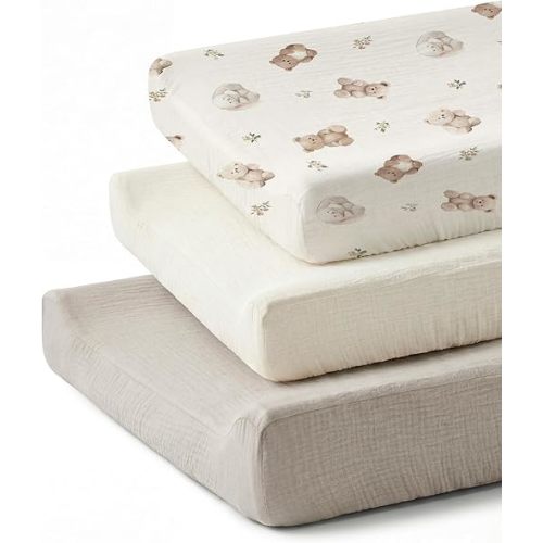 Changing Pad Cover for Baby Girls Boys, Muslin Changing Table Pad Covers with Boho Style, Neutral Color Soft and Breathable (Teddy)