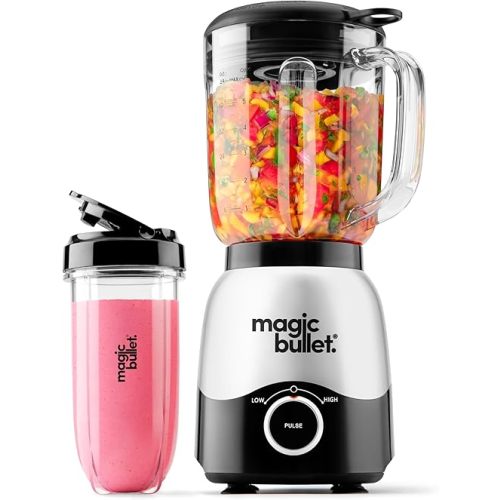 Magic Bullet® Combo Blender, 600W, 48oz Pitcher, 16oz Cup with To-Go Lid, Easy Cleaning, Cross Blade, for Smoothies, Sauces, Shakes, Salsa, Hot Blends, Silver, MBF50200