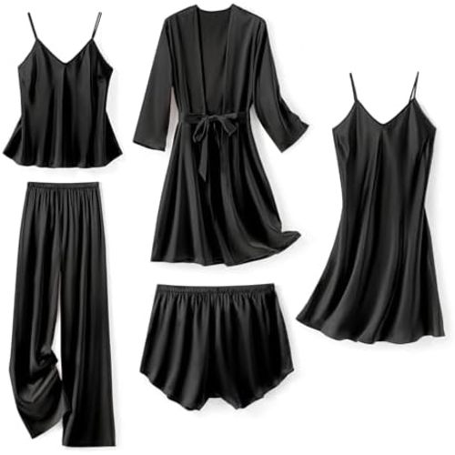 SAPJON Silk Satin 5 Piece Pajamas for Women Set, Robe Nightgown Cami Pjs
