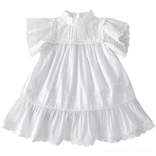 Summer Toddler Girls Cotton - Spandex Frilled Princess Dress with Lace Trim and Flutter Sleeves