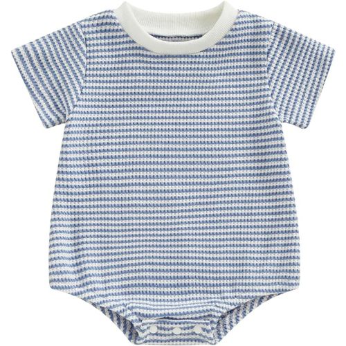 VISGOGO Unisex Baby Boy Girl Striped Romper Waffle Short Sleeve Bubble Oversized Romper Bodysuit Summer Onesie Clothes